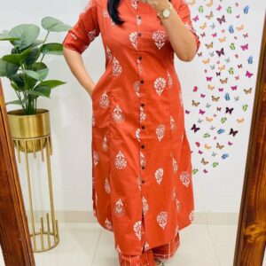 Jaipur print A-line cord set in pure mal cotton with matching grid bottom – breathable and soft ethnic wear for women