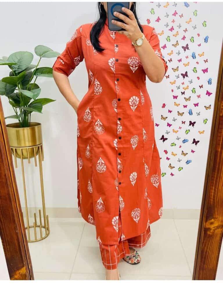 Jaipur print A-line cord set in pure mal cotton with matching grid bottom – breathable and soft ethnic wear for women