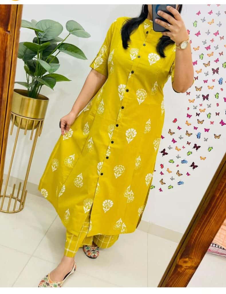 "Jaipur print A-line cord set in pure mal cotton with matching grid bottom – breathable and soft ethnic wear for women"