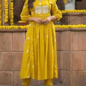 Stylish bandage discharge print long slit cotton kurta pant set with adda work and embroidery for women