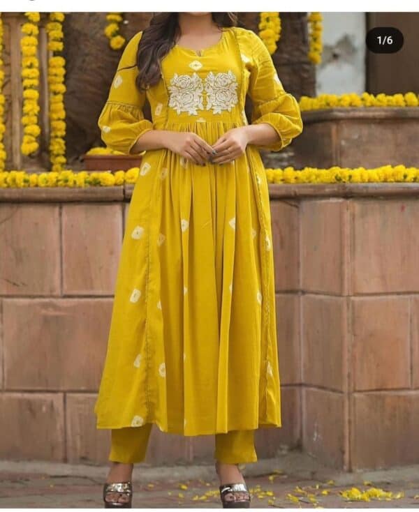 Stylish bandage discharge print long slit cotton kurta pant set with adda work and embroidery for women