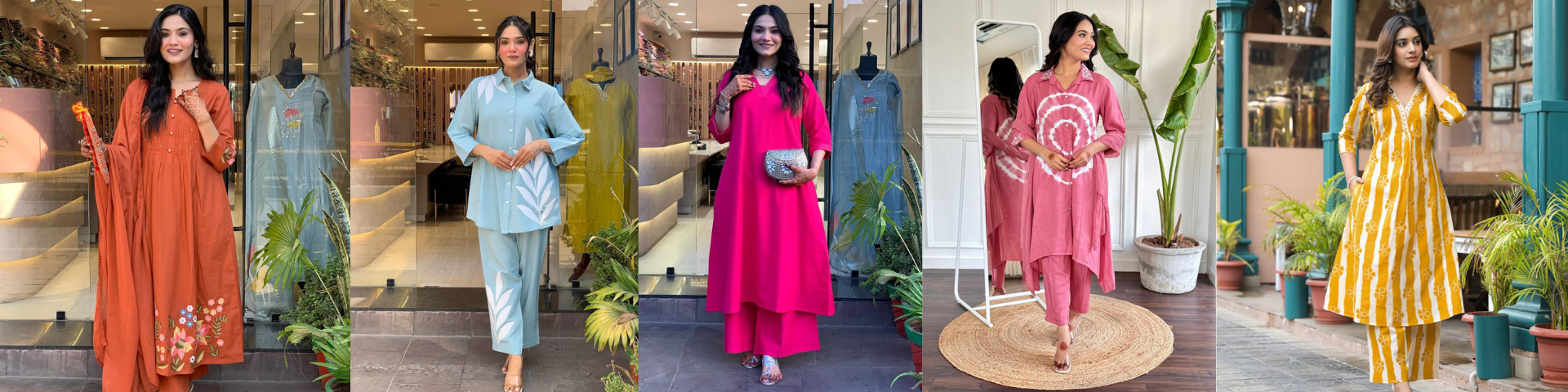 Women wearing stylish cotton kurta sets in various colors and patterns including rust orange, sky blue, hot pink, rose tie-dye, and mustard yellow.