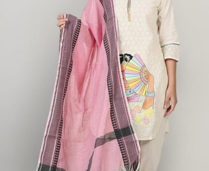Woman wearing off-white embroidered cotton kurti with hand block print, holding a pink handwoven dupatta