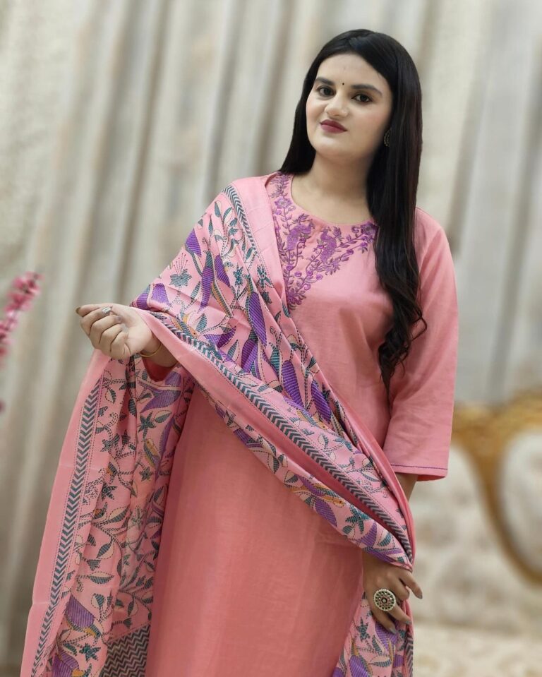 Embroidered Kurta Suit Set with cotton kurta, pants, and Madhubani dupatta