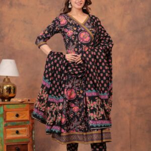 Cotton Flair Anarkali Kurti Set with Pant and Dupatta – Hand Block Print