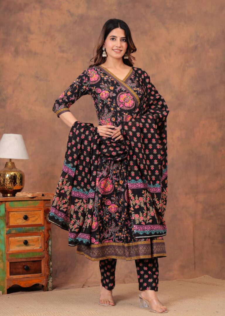 Cotton Flair Anarkali Kurti Set with Pant and Dupatta – Hand Block Print