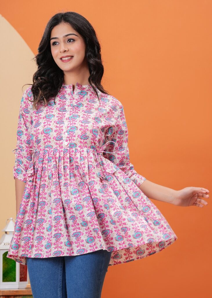 Girls wearing fully printed cotton summer top