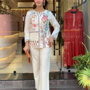 Cream cotton kurti with red and blue floral embroidery design cord set